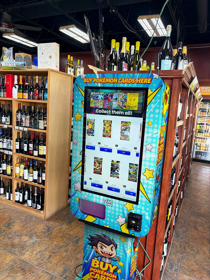 VTM freestanding Pokémon trading card vending kiosk on a display stand