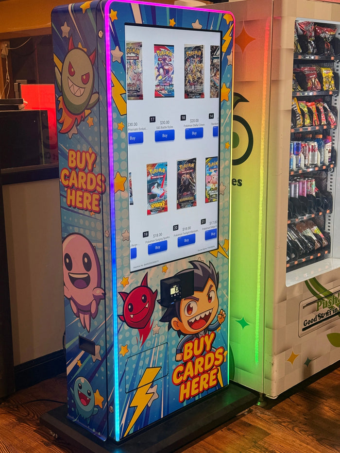 VTM Pokémon trading card vending tower with illustrated wrap in a retail store